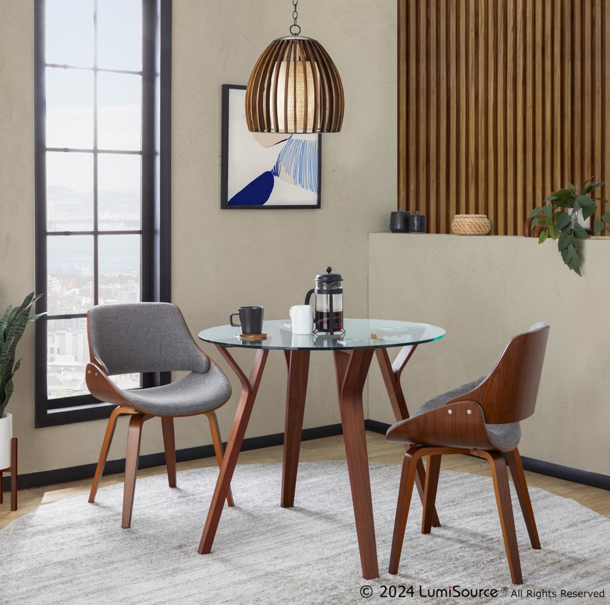 DS3-FOLIARNDWLCL-2FBZZWLGY Folia Round Fabrizzi Mid-Century Modern Dining Set in Walnut Wood, Round Clear Tempered Glass & Grey Fabric - 3 Piece