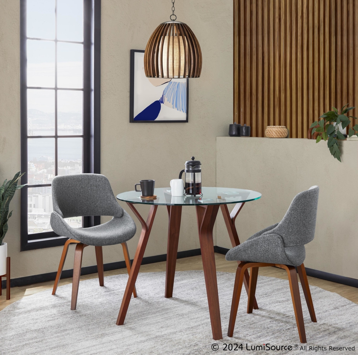 DS3-FOLIARNDWLCL-2FBCOWLGY Folia Round Fabrico Mid-Century Modern Dining Set in Walnut Wood, Round Clear Tempered Glass & Grey Fabric - 3 Piece