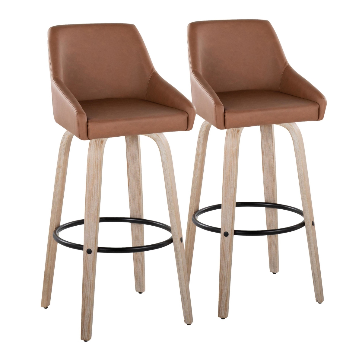 Hannah 30 in. Transitional Fixed-Height Barstool with Swivel in Whitewashed Wood & Camel PU Leather with Round Black Metal Footrest - Set of 2
