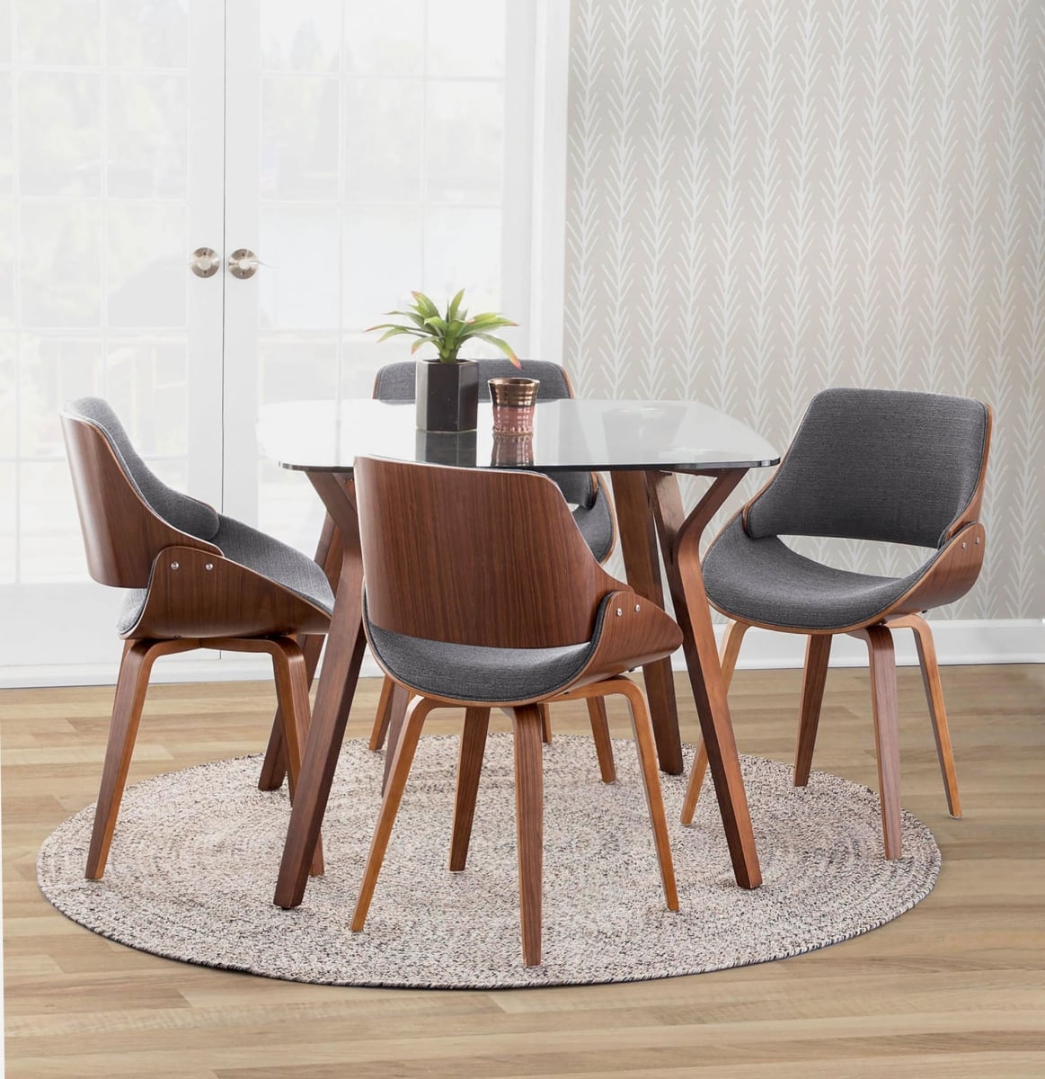 DS5-FOLIASQWLCL-4FBZZWLGY Folia Square Fabrizzi Mid-Century Modern Dining Set in Walnut Wood, Round Clear Tempered Glass & Grey Fabric - 5 Piece