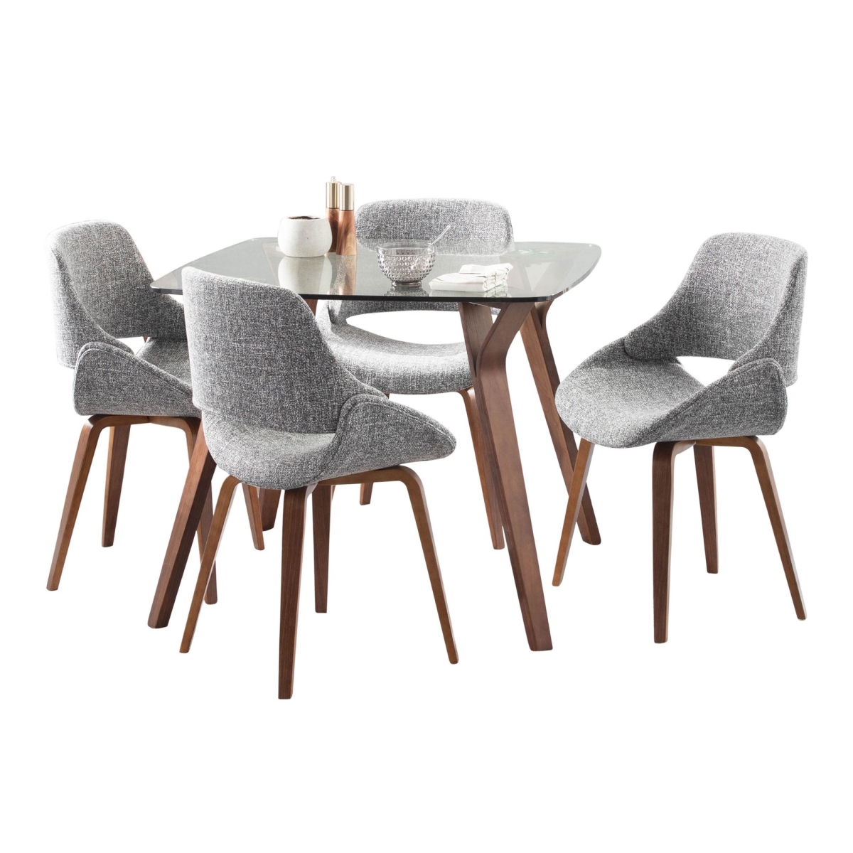 DS5-FOLIASQWLCL-4FBCOWLGY Folia Square Fabrico Mid-Century Modern Dining Set in Walnut Wood, Round Clear Tempered Glass & Grey Fabric - 5 Piece