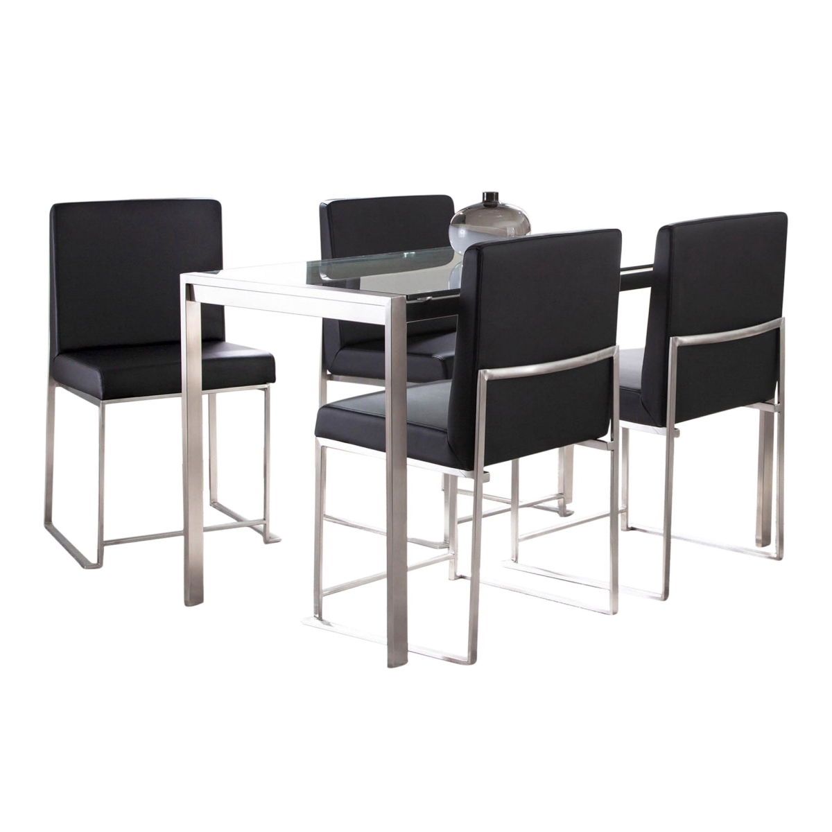 DS5-FUJI47CL-4HBFJSSPUBK Fuji High Back Contemporary Dining Set in Brushed Stainless Steel, Clear Glass & Black PU Leather - 5 Piece