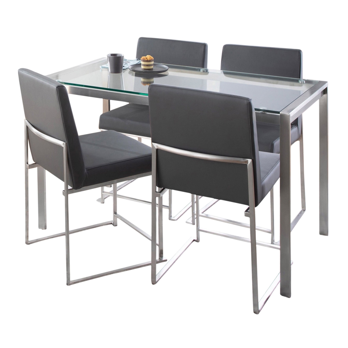DS5-FUJI47CL-4HBFJSSPUGY Fuji High Back Contemporary Dining Set in Brushed Stainless Steel, Clear Glass & Grey PU Leather - 5 Piece