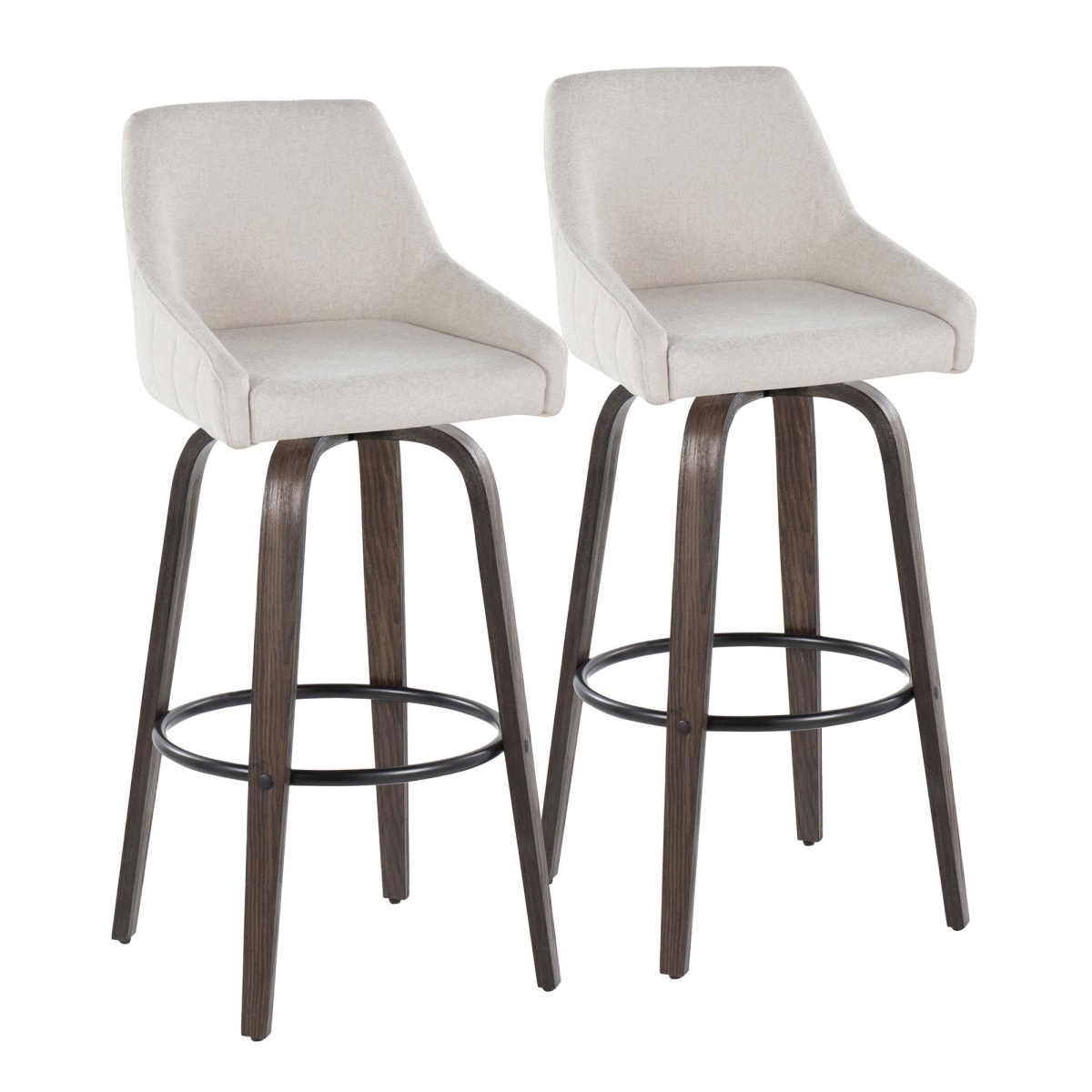 Hannah 30 in. Transitional Fixed-Height Barstool with Swivel in Walnut Glazed Wood & Cream Fabric with Round Black Metal Footrest - Set of 2