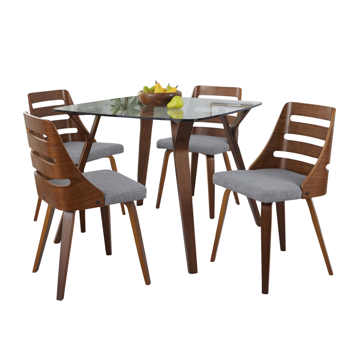 DS5-FOLIASQWLCL-4TREVIFBWLGY Folia-Trevi Mid-Century Modern Square Dining Set in Walnut Wood with Clear Glass Tabletop & Grey Fabric - 5 Piece