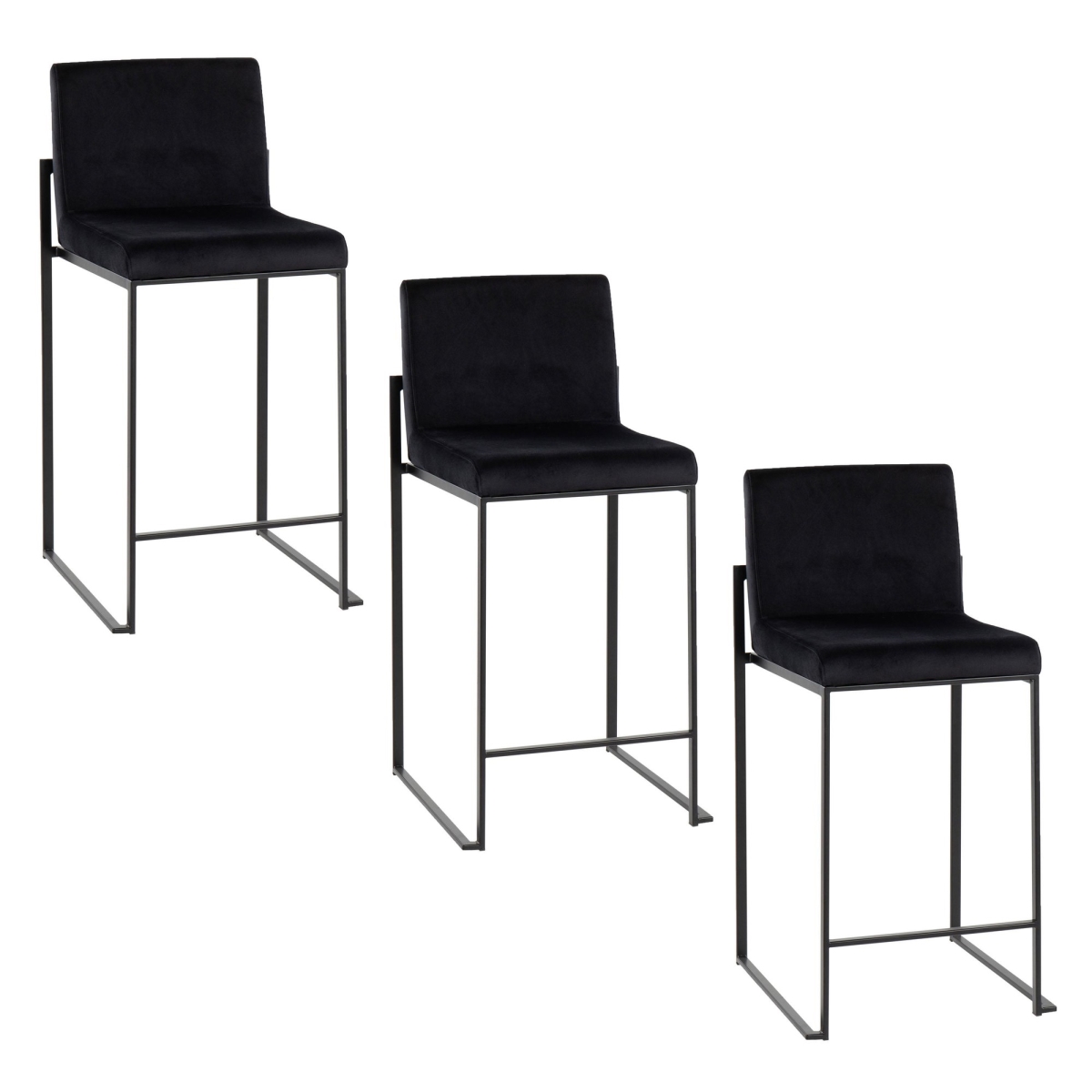 B26-FUJIHBV BKBK3 Fuji 26 in. Contemporary High Back Counter Stool in Black Steel & Black Velvet - Set of 3