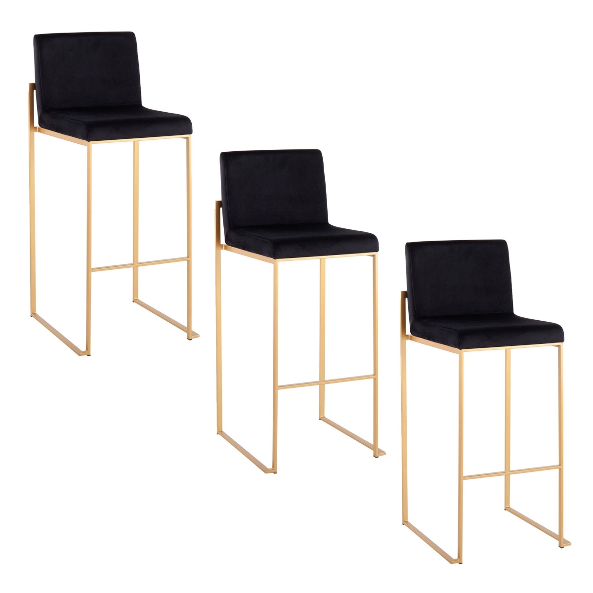 B30-FUJIHBV AUBK3 Fuji 30 in. Contemporary High Back Barstool in Gold Steel & Black Velvet - Set of 3 -  Lumisource