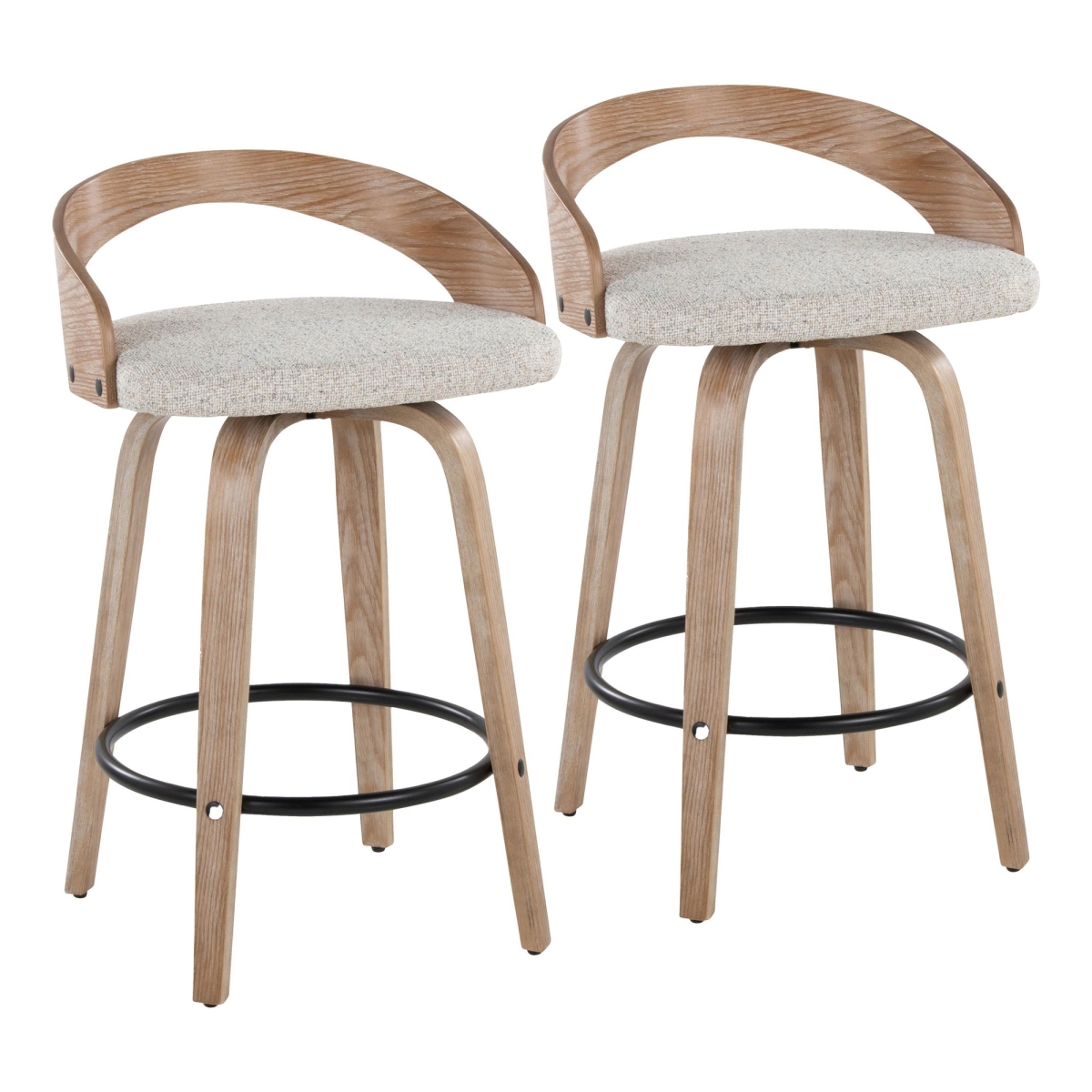 Grotto 26 in. Fixed-Height Counter Stool with Swivel in White Washed Wood & Oat Fabric with Round Black Metal Footrest - Set of 2