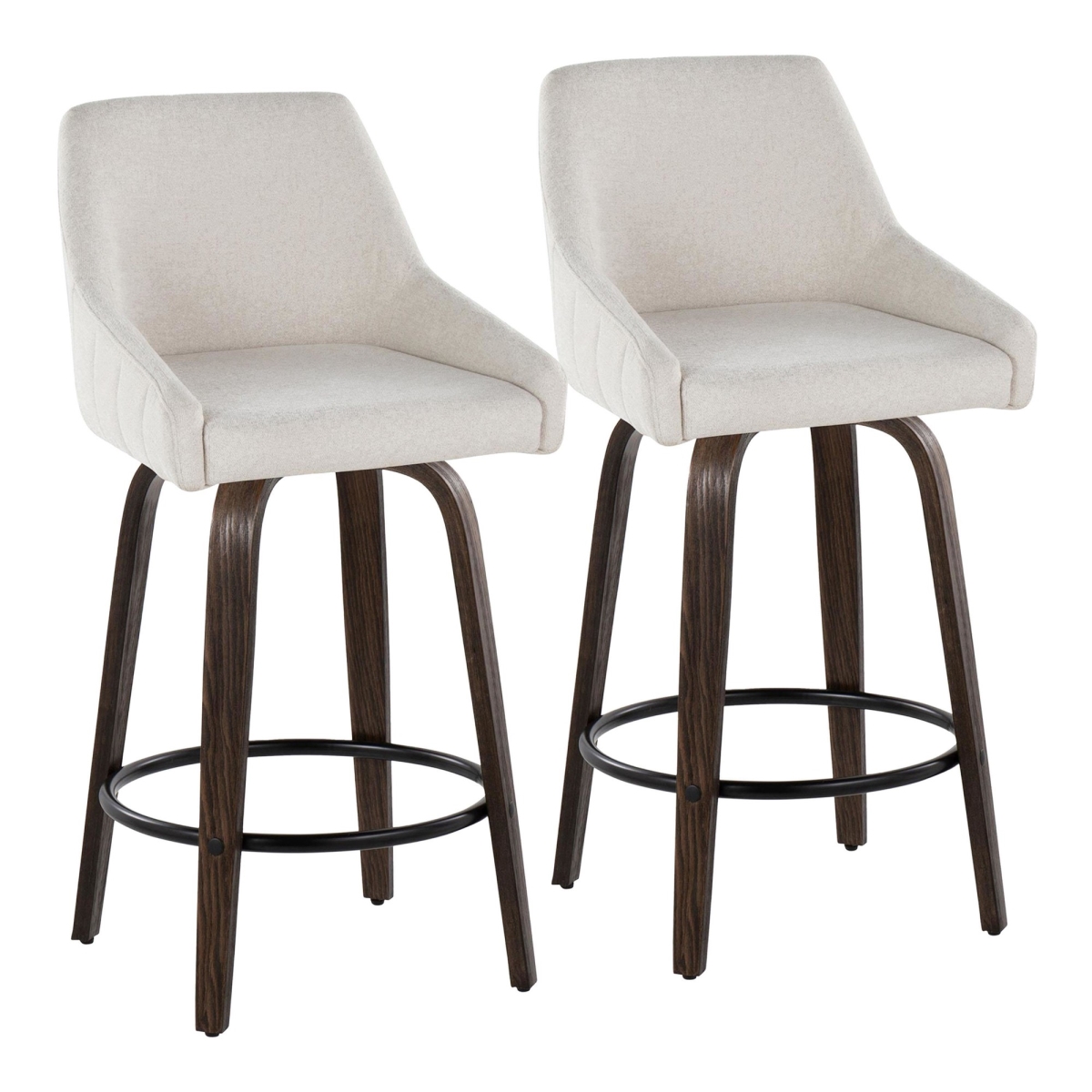Hannah 26 in. Transitional Fixed-Height Counter Stool with Swivel in Walnut Glazed Wood & Cream Fabric with Round Black Metal Footrest - Set of 2