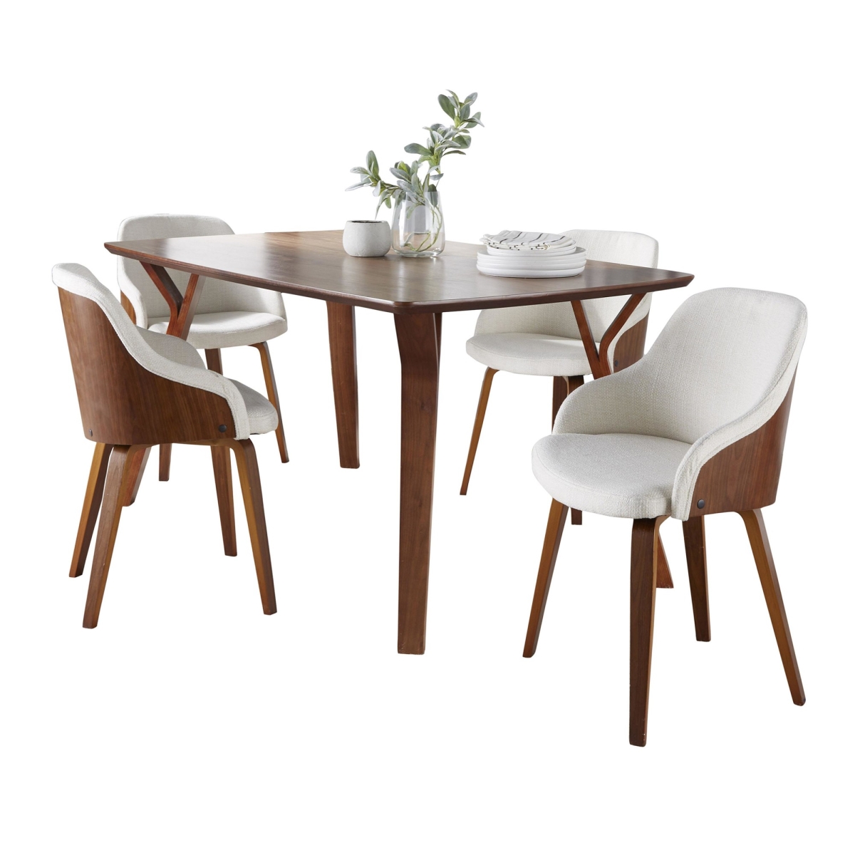 DS5-FOLIAWL-4BACCIFBWLCR Folia-Bacci Mid-Century Modern Dining Set in Walnut Wood & Cream Fabric - 5 Piece