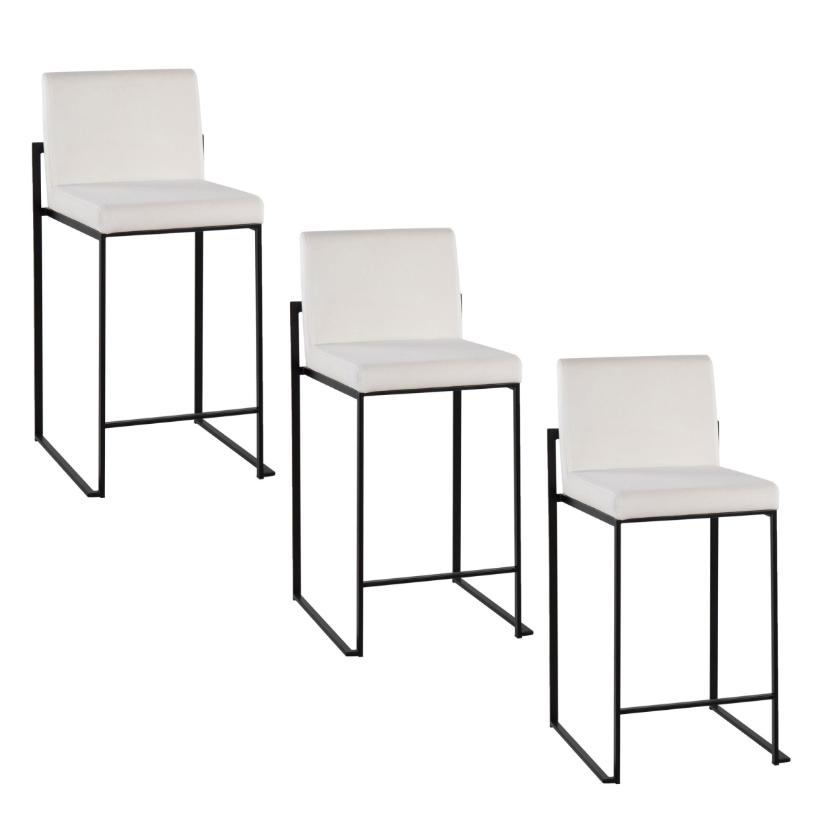 B26-FUJIHBV BKW3 Fuji 26 in. Contemporary High Back Counter Stool in Black Steel & White Velvet - Set of 3