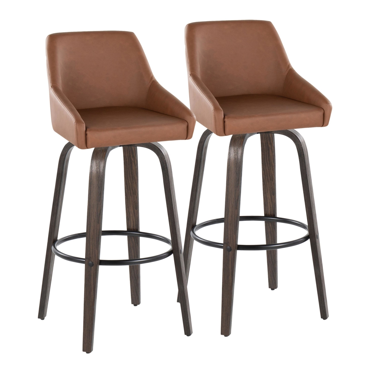 Hannah 30 in. Transitional Fixed-Height Barstool with Swivel in Walnut Glazed Wood & Camel PU Leather with Round Black Metal Footrest - Set of 2