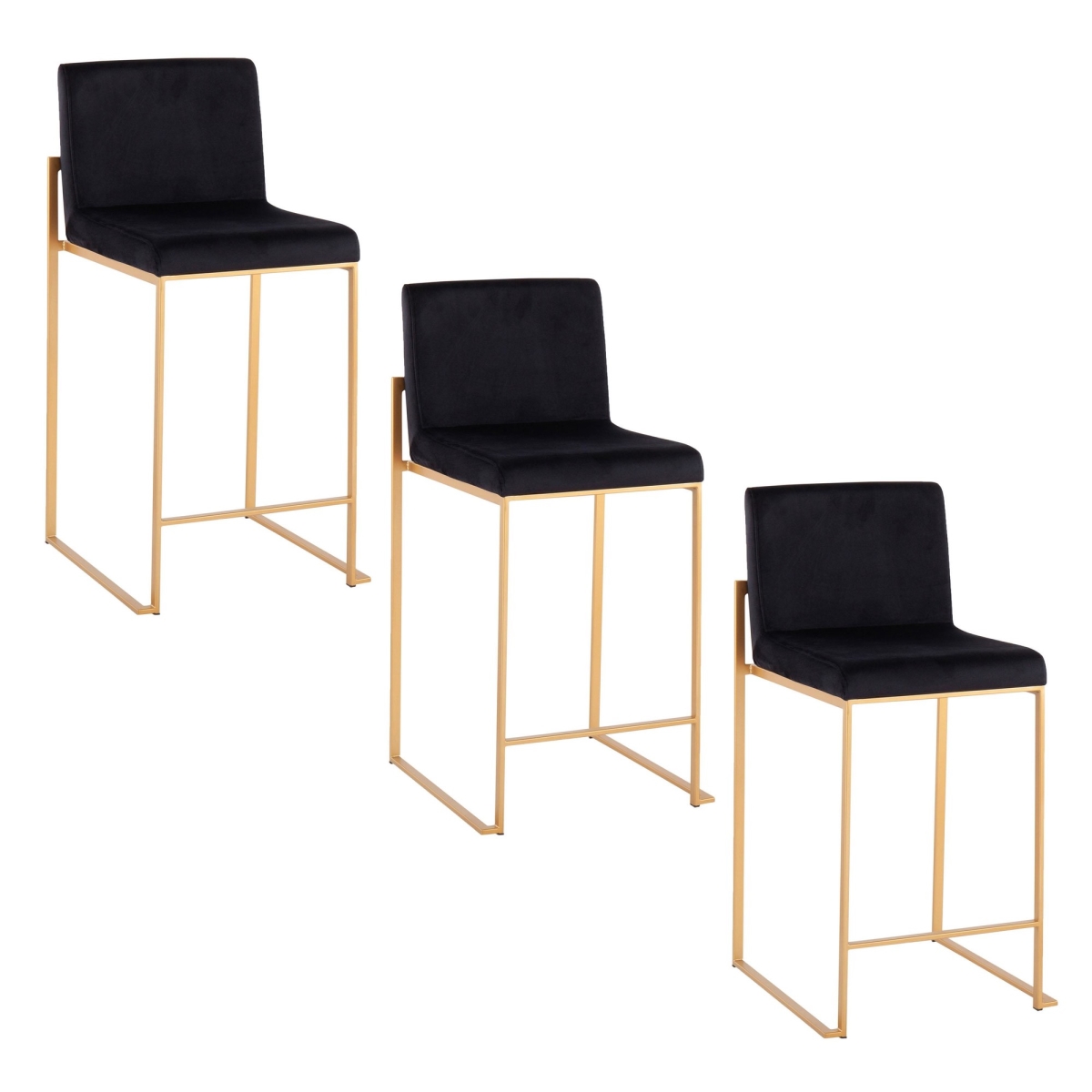 B26-FUJIHBV AUBK3 Fuji 26 in. Contemporary High Back Counter Stool in Gold Steel & Black Velvet - Set of 3