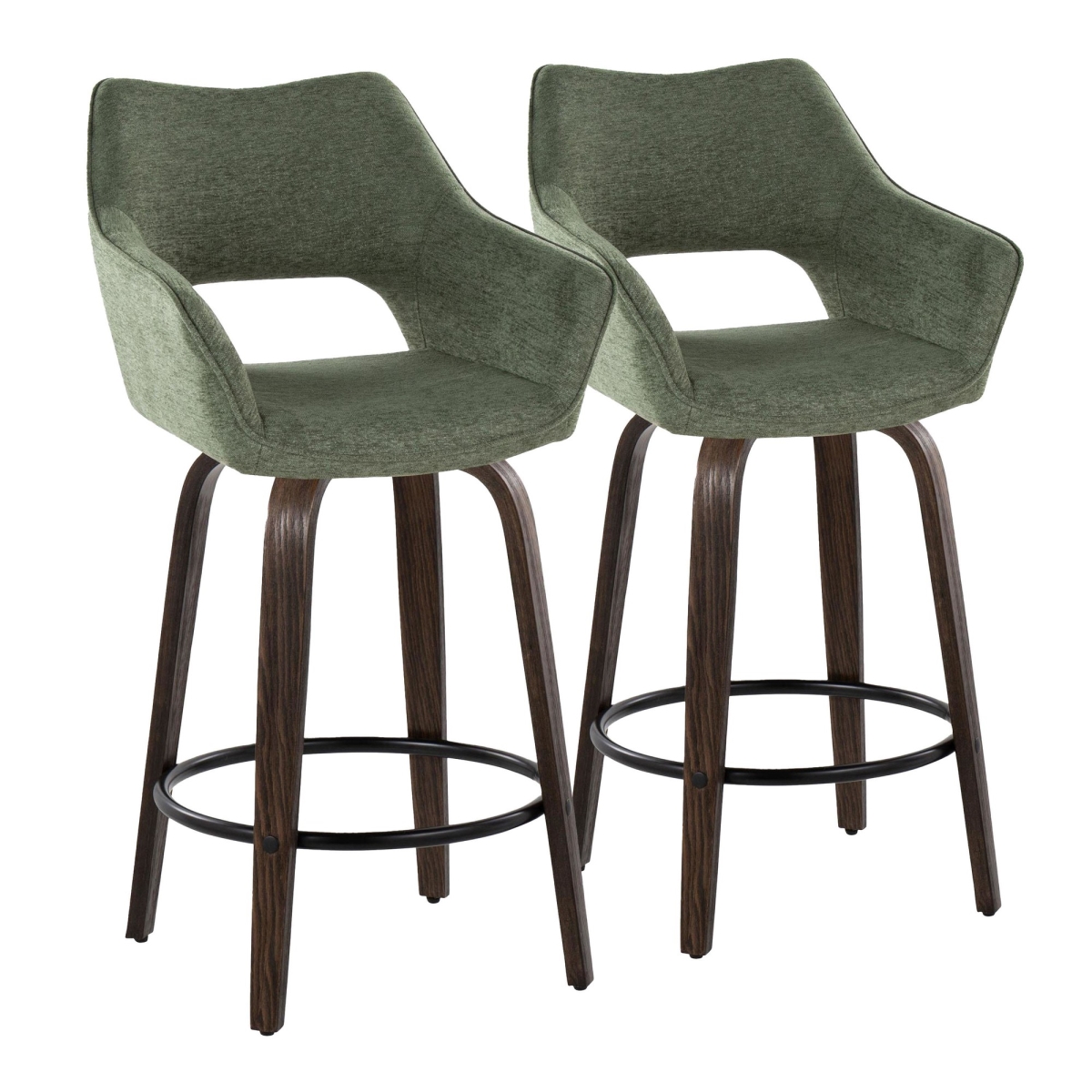Mustang 26 in. Contemporary Fixed-Height Counter Stool with Swivel in Walnut Glazed Wood & Green Fabric with Round Black Metal Footrest - Set of 2