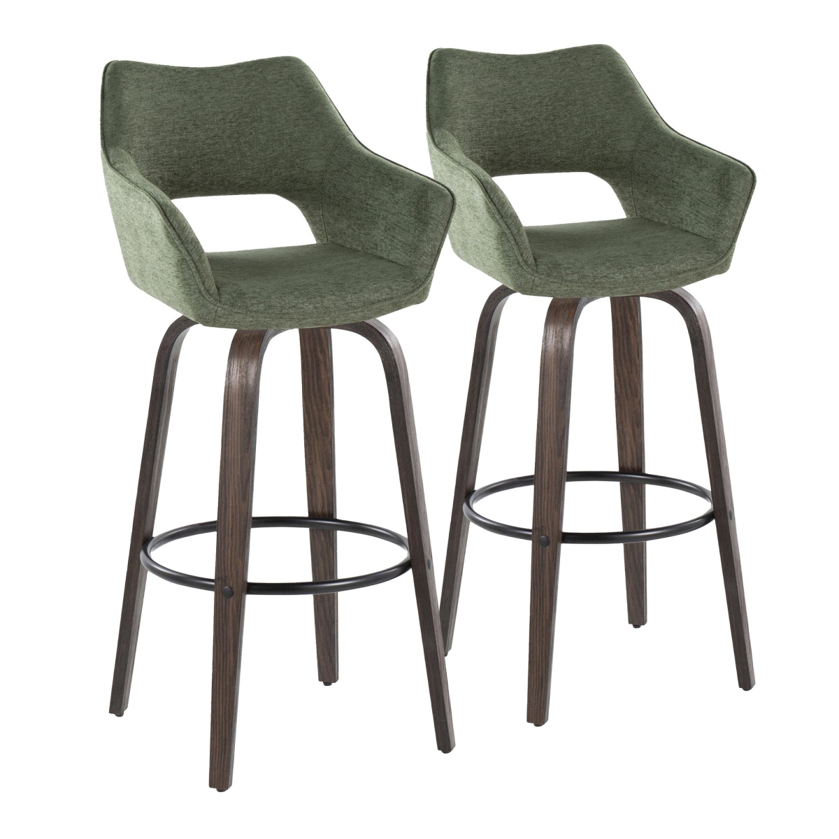 Mustang 30 in. Contemporary Fixed-Height Barstool with Swivel in Walnut Glazed Wood & Green Fabric with Round Black Metal Footrest - Set of 2