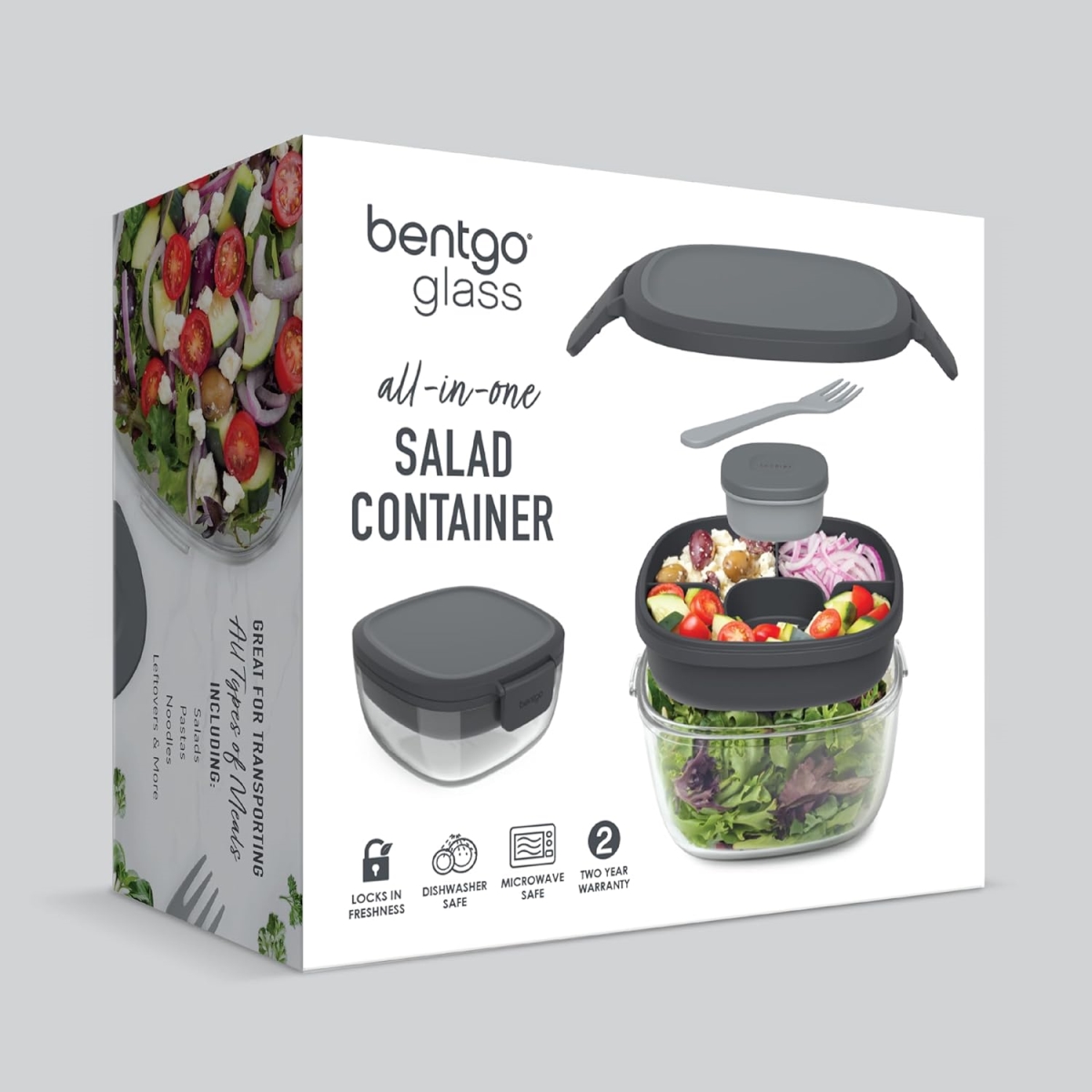 Picture of Bentgo BGLASSAL-DG All-in-One Salad Container - Large 61-oz Salad Bowl&#44; 4-Compartment Bento-Style Tray for Toppings&#44; 3-oz Sauce Container for Dressings&#44;  Reusable Fork (Dark Gray)
