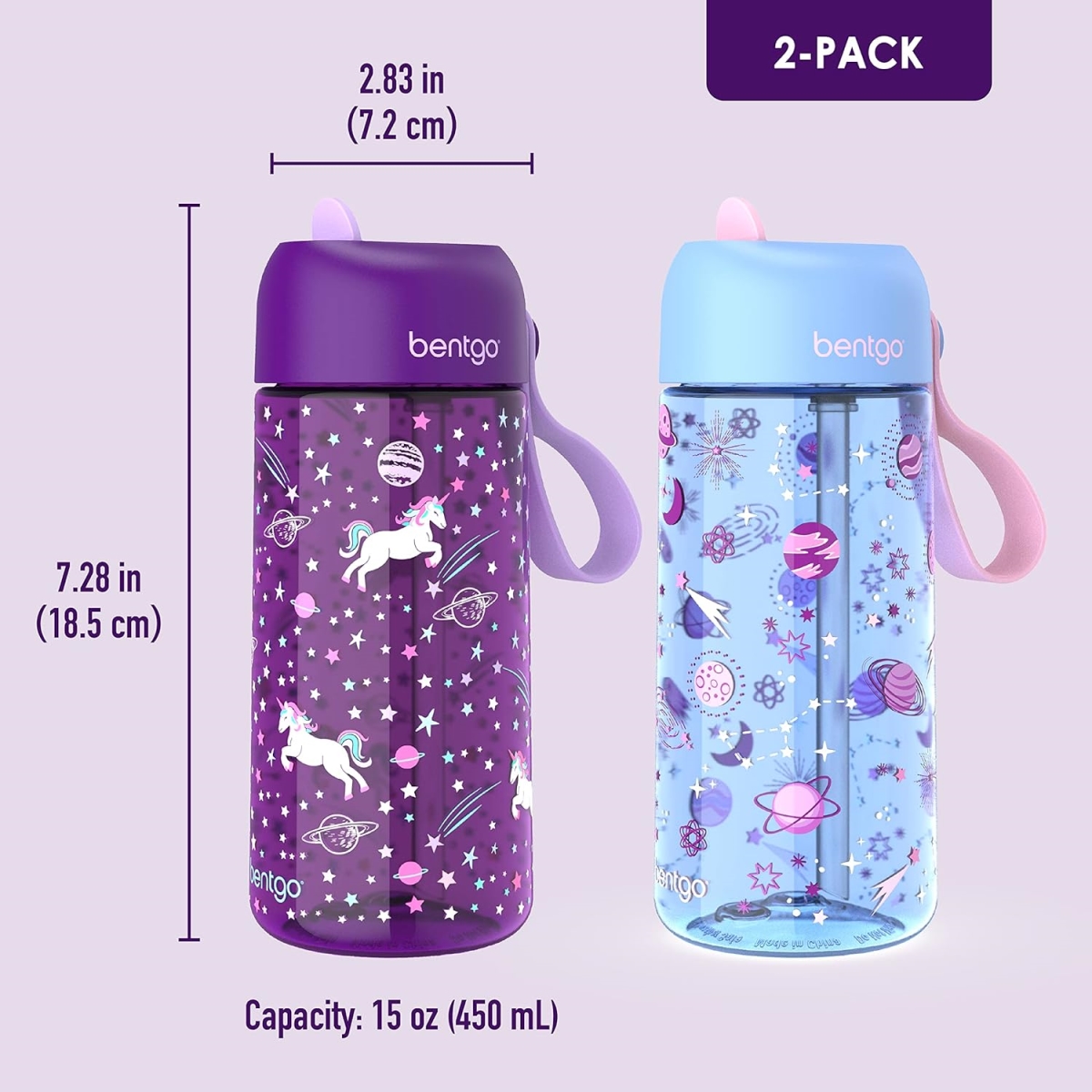 Picture of Bentgo  BGKDWB2-1 Kids Water Bottle 2-Pack -  &#44; Improved 2023 Leak-Proof BPA-Free 15 oz Cups for Toddlers & Children - Flip-Up Safe-Sip Straw for School (Unicorn/Lavender Galaxy)