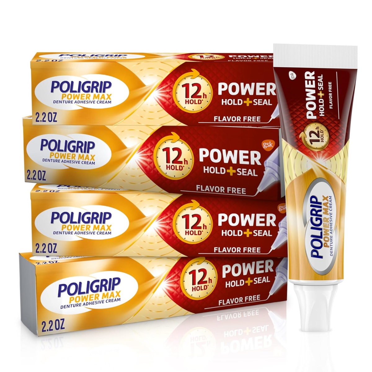 Picture of Super PoliGrip HD-4Powermax 4-Pack Poligrip Power Max Power Hold plus Seal Denture Adhesive Cream&#44; Denture Cream for Secure Hold and Food Seal&#44; Flavor Free - 2.2 oz