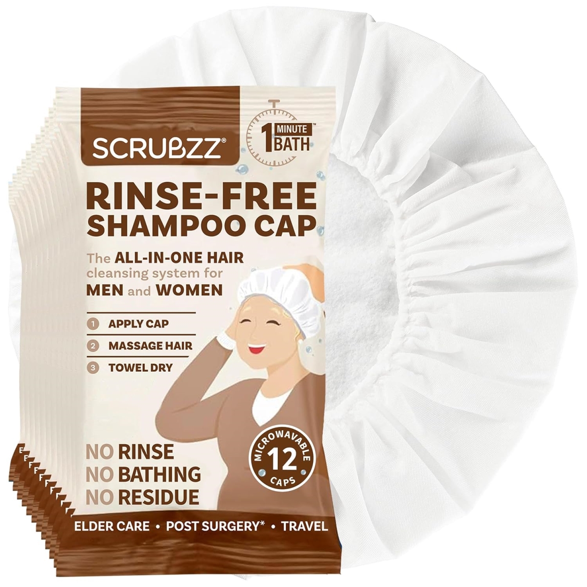 HD-12Cap  Shampoo Caps No Rinse for Elderly and Bedridden Patients, Rinse Free Shampoo Caps ,Coconut Vanilla - 12ct