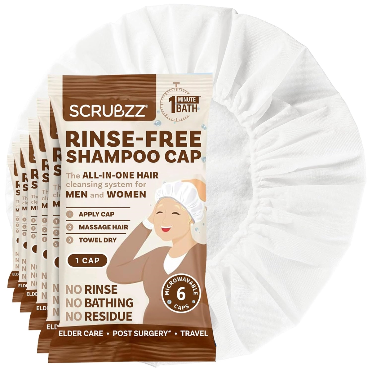 HD-6Cap  Shampoo Caps No Rinse for Elderly and Bedridden Patients, Rinse Free Shampoo Caps ,Coconut Vanilla - 6ct