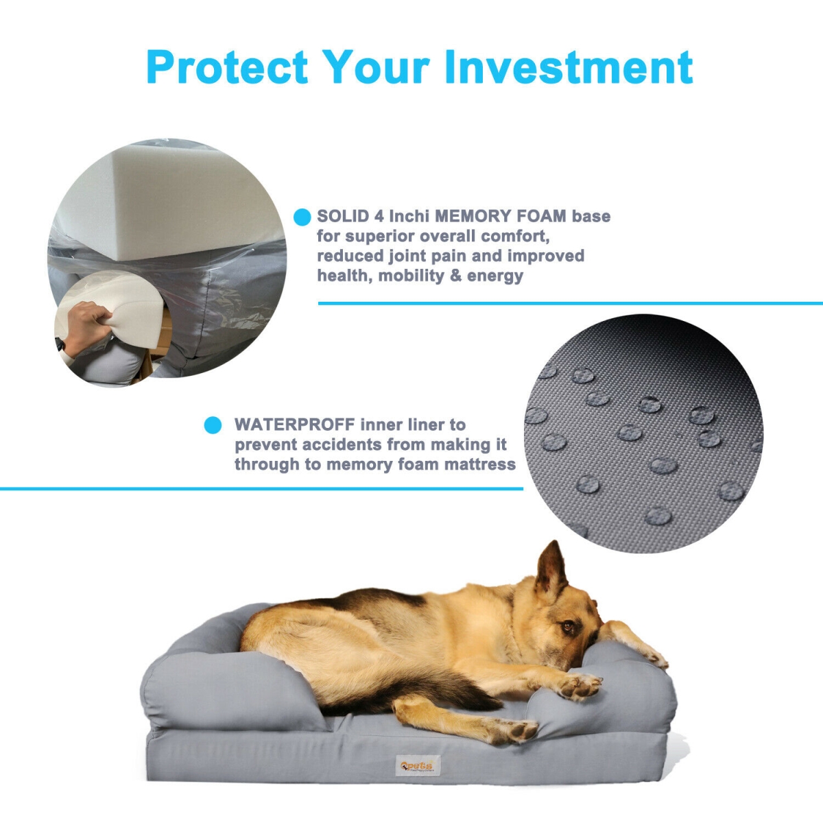Picture of Qpets QPB36 Qpets Memory Foam Dog Bed, Ultimate Dog Lounge, Waterproof, Washable Cover, Skin Contact Safe (Large)