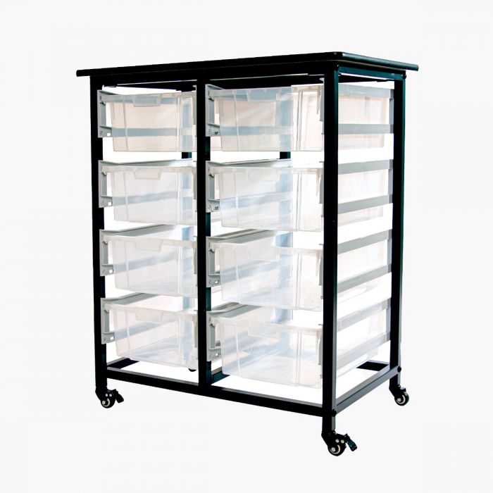 MBS-DR-8L-CL Mobile Bin Storage Unit Double Row with Large Clear Bins, Light & Dark Gray