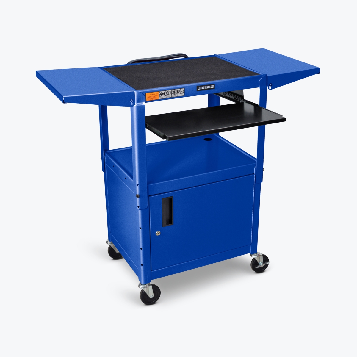 Picture of Luxor AVJ42KBCDL-RB Adjustable Height Steel AV Cart with Pullout Keyboard Tray Drop Leaf Cabinet, Blue