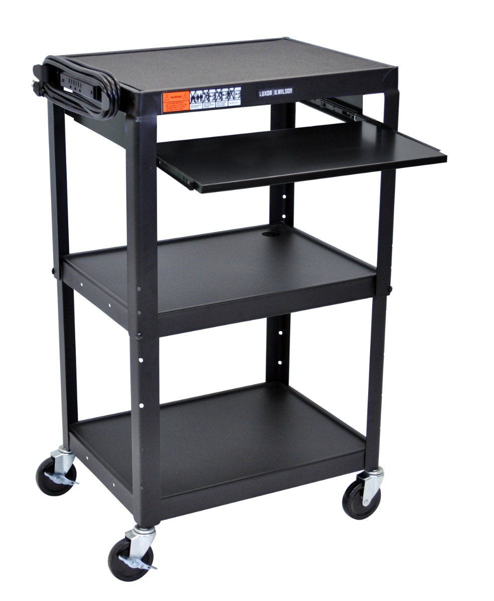 Adjustable-Height Steel Utility Cart with Pullout Keyboard Tray, Black