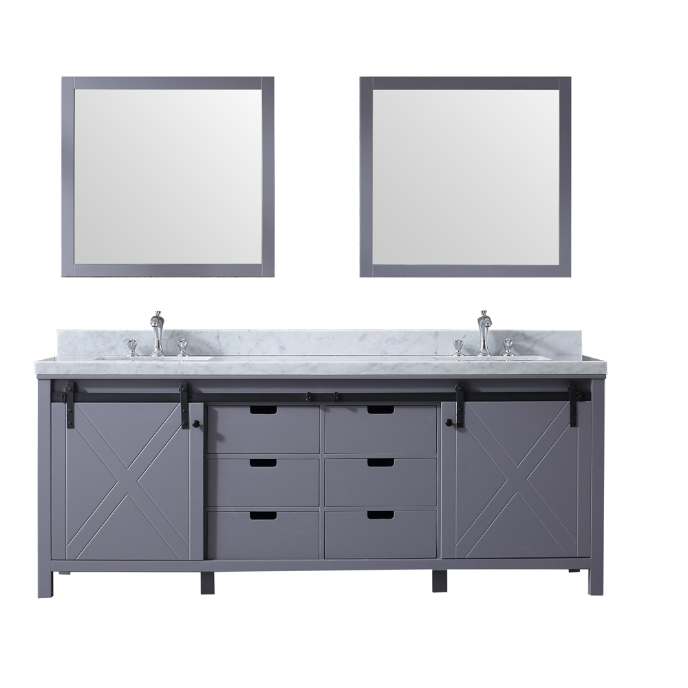 LM342284DBBSM34 84 x 30 in. Marsyas Double Vanity Set with Carrera Marble Top Ceramic Square Undermount Sinks & Mirrors - Dark Grey with White -  Lexora