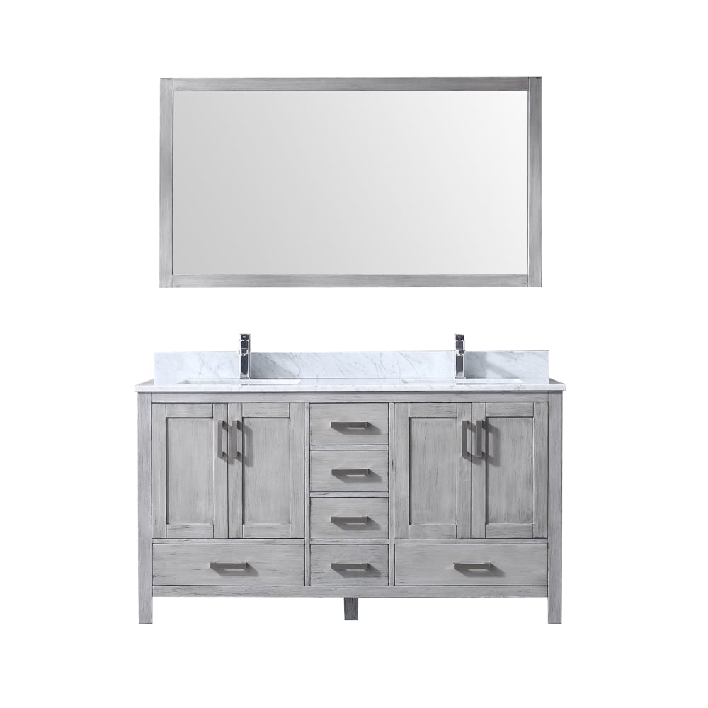 LJ342260DDDSM58 60 x 58 in. Jacques Double Vanity Set with Distressed Carrera Marble Top Ceramic Square Undermount Sinks & Mirror - Grey with White -  Lexora