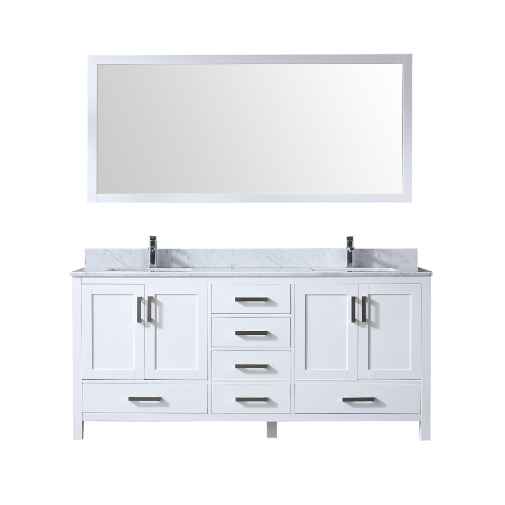 LJ342272DADSM70 72 x 70 in. Jacques Double Vanity Set with Carrera Marble Top Ceramic Square Undermount Sinks & Mirror - White with White -  Lexora