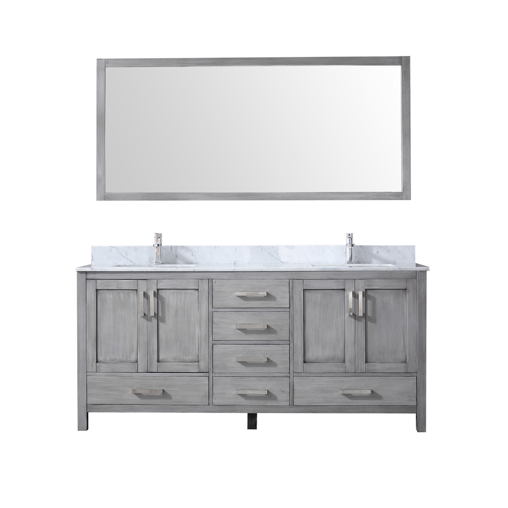 LJ342272DDDSM70 72 x 70 in. Jacques Double Vanity Set with Distressed Carrera Marble Top Ceramic Square Undermount Sinks & Mirror - Grey with White -  Lexora