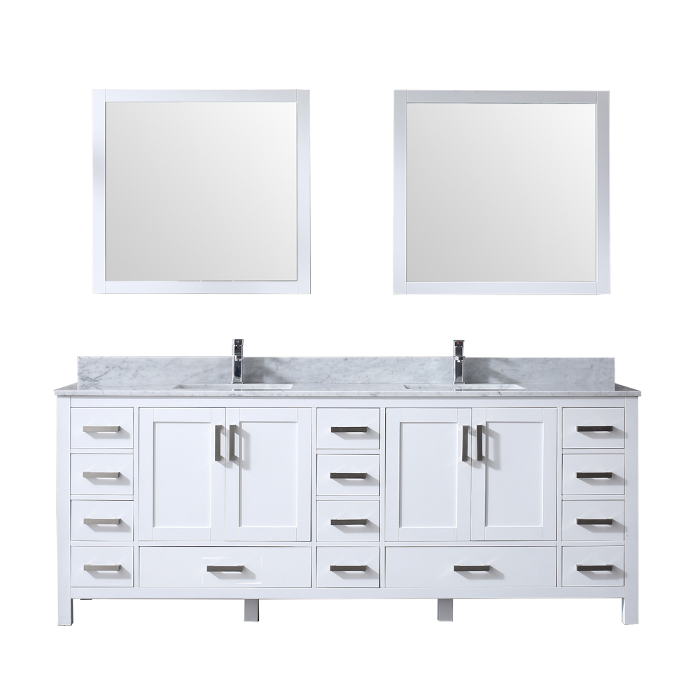 LJ342284DADSM34 84 x 34 in. Jacques Double Vanity Set with Carrera Marble Top Ceramic Square Undermount Sinks & Mirrors - White with White -  Lexora