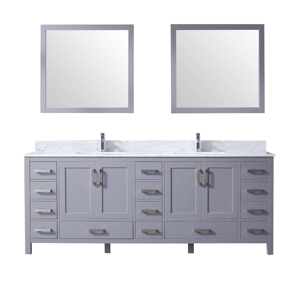 LJ342284DBDSM34 84 x 34 in. Jacques Double Vanity Set with Carrera Marble Top Ceramic Square Undermount Sinks & Mirrors - Dark Grey with White -  Lexora