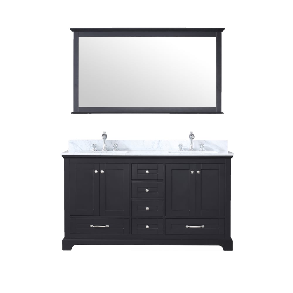 LD342260DGDSM58 60 x 58 in. Dukes Double Vanity Set with Carrera Marble Top Ceramic Square Undermount Sinks & Mirror - Espresso with White -  Lexora