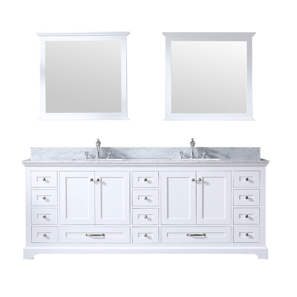 LD342284DADSM34 84 x 34 in. Dukes Double Vanity Set with Carrera Marble Top Ceramic Square Undermount Sinks & Mirrors - White with White -  Lexora