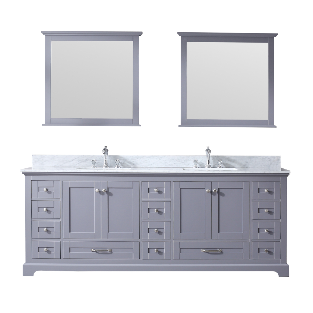 LD342284DBDSM34 84 x 34 in. Dukes Double Vanity Set with Carrera Marble Top Ceramic Square Undermount Sinks & Mirrors - Dark Grey with White -  Lexora