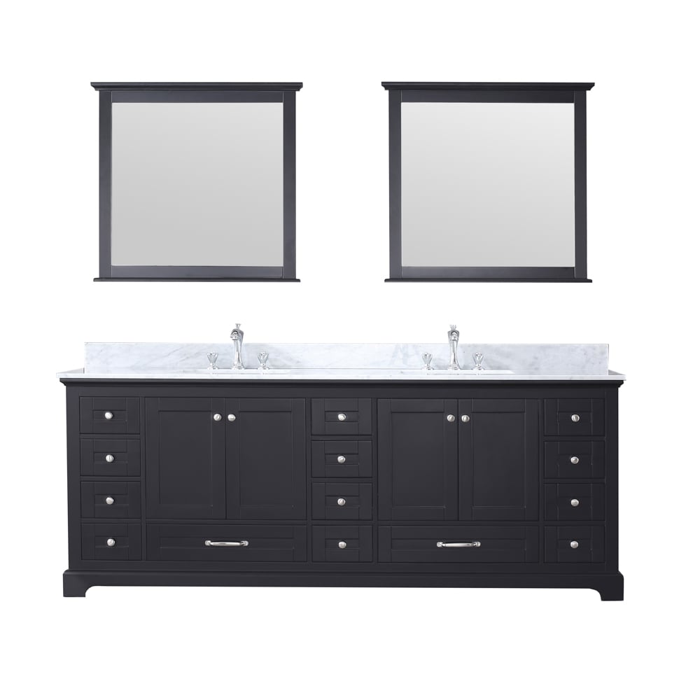 LD342284DGDSM34 84 x 34 in. Dukes Double Vanity Set with Carrera Marble Top Ceramic Square Undermount Sinks & Mirrors - Espresso with White -  Lexora