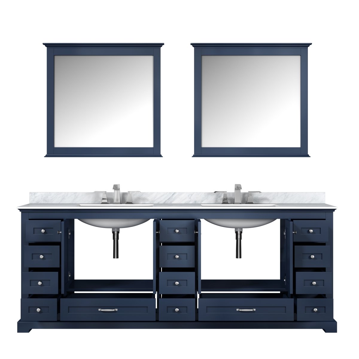 Dukes 84 in. Navy Blue Double Vanity, White Carrara Marble Top, White Square Sinks & 34 in. Mirrors with Faucets - 84 x 22 x 34 in -  Lexora, LD342284DEDSM34F