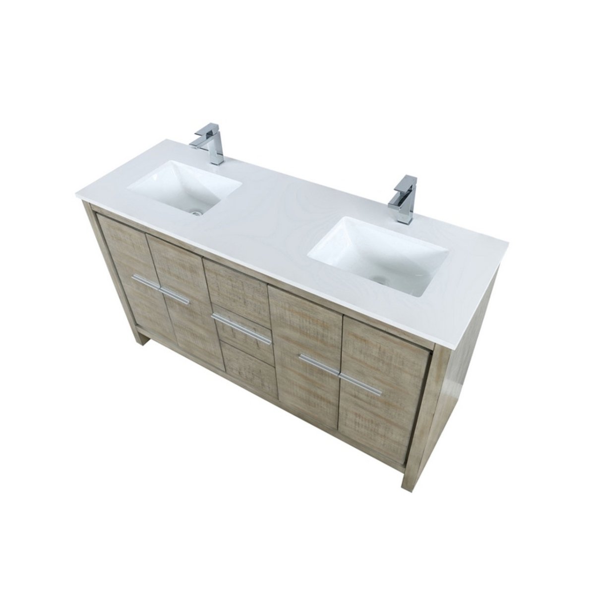 LLF60DKSOD000FGM 60 in. Lafarre Rustic Acacia Double Bathroom Vanity with White Quartz Top, White Square Sinks & Balzani Gun Metal Faucet Set -  Lexora