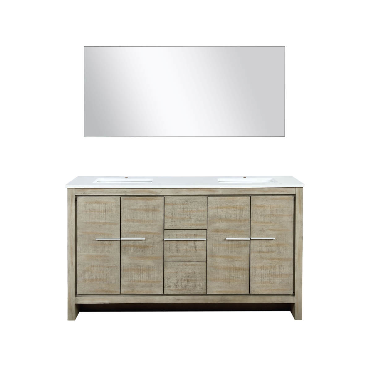 LLF60DKSODM55 60 in. Lafarre Double Bathroom Vanity, White Quartz Top, White Square Sinks & 55 in. Frameless Mirror - Rustic Acacia -  Lexora