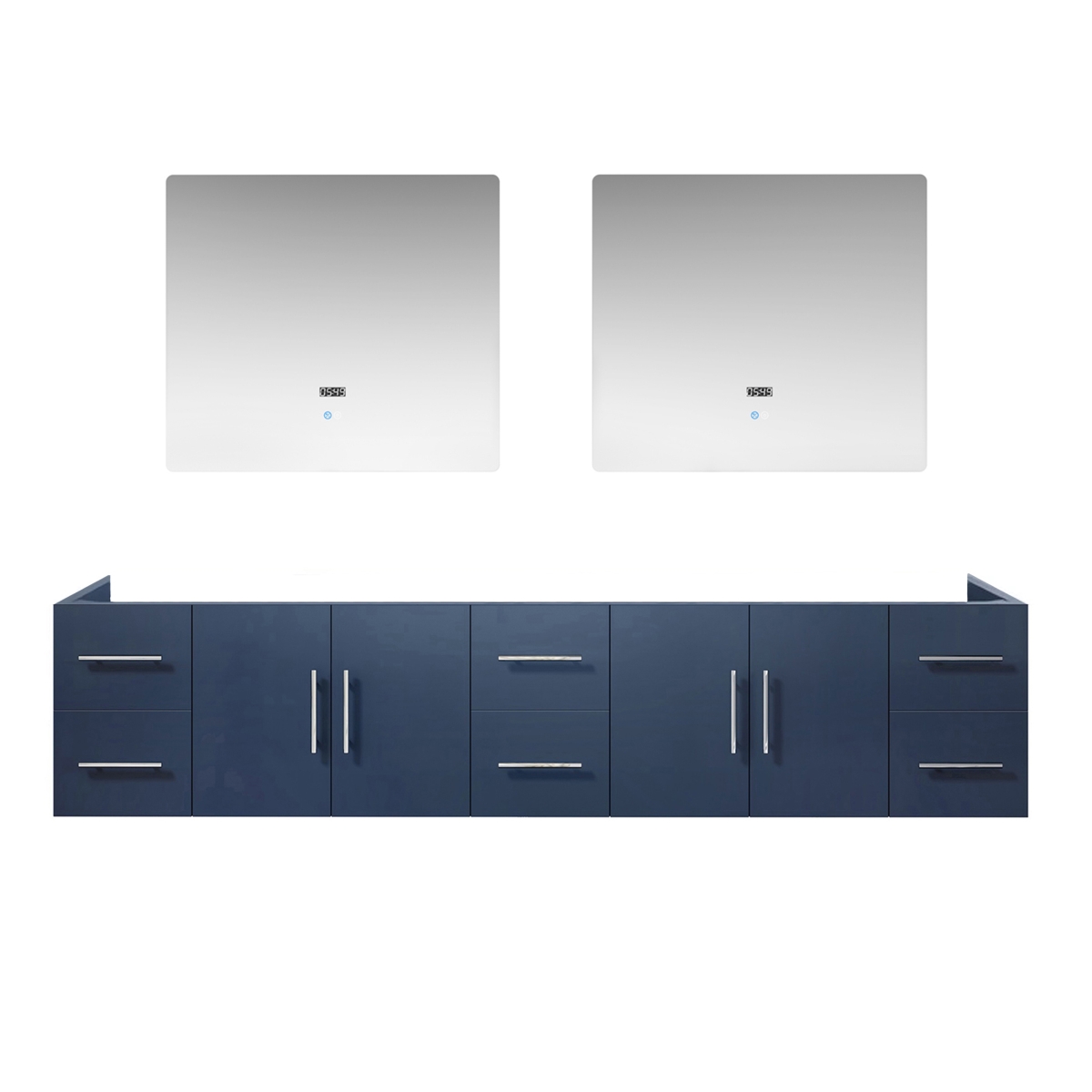 LG192284DE00LM36 84 in. Geneva Double Vanity Cabinet, No Top & 36 in. LED Mirrors, Navy Blue -  Lexora