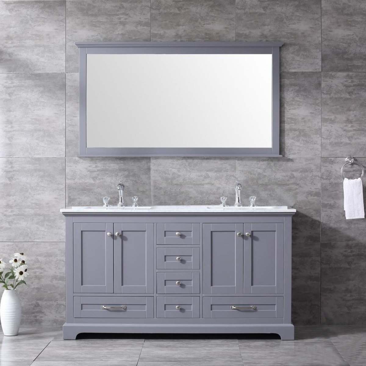 LD342260DBDSM58F 60 in. Dukes Double Vanity Cabinet, White Carrara Marble Top & White Square Sinks & 58 in. Mirror with Faucets, Dark Grey -  Lexora