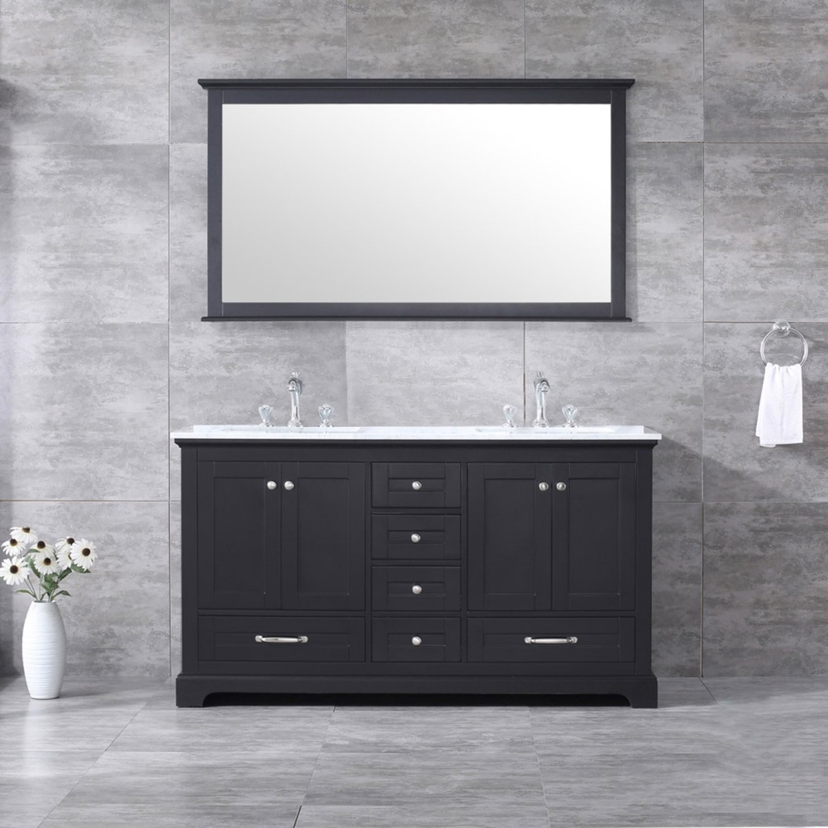 LD342260DGDSM58F 60 in. Dukes Double Bathroom Vanity, White Carrara Marble Top, White Square Sinks & 58 in. Mirror with Faucets - Espresso -  Lexora