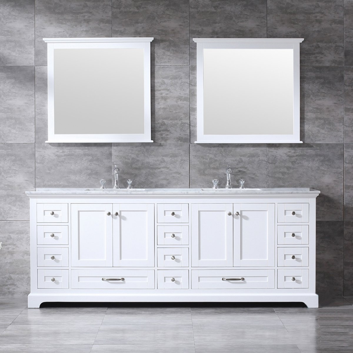 LD342284DADSM34F 84 in. Dukes Double Bathroom Vanity, White Carrara Marble Top, White Square Sinks & 34 in. Mirrors with Faucets - White -  Lexora