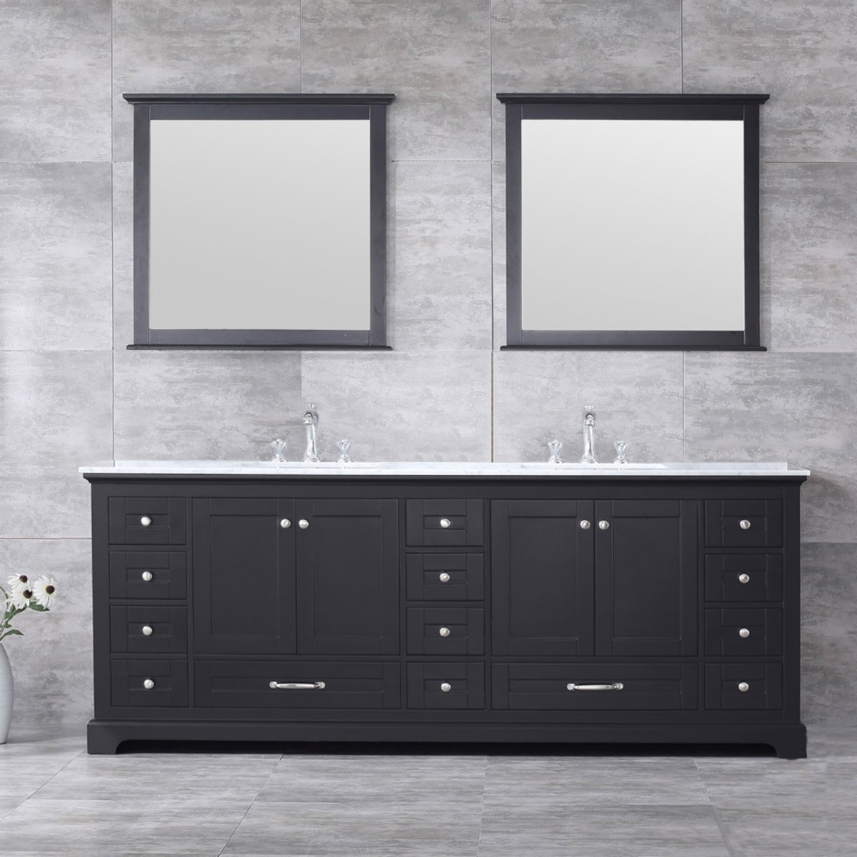 LD342284DGDSM34F 84 in. Dukes Carrara Marble Top Double Vanity - Square Sink & Mirrors with Faucets, Espresso -  Lexora