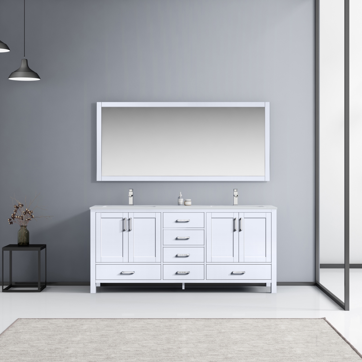 LJ342272DADSM70F 72 in. White Double Bathroom Vanity with White Carrara Marble Top, White Square Sinks & 70 in. Mirror with Faucets -  Lexora