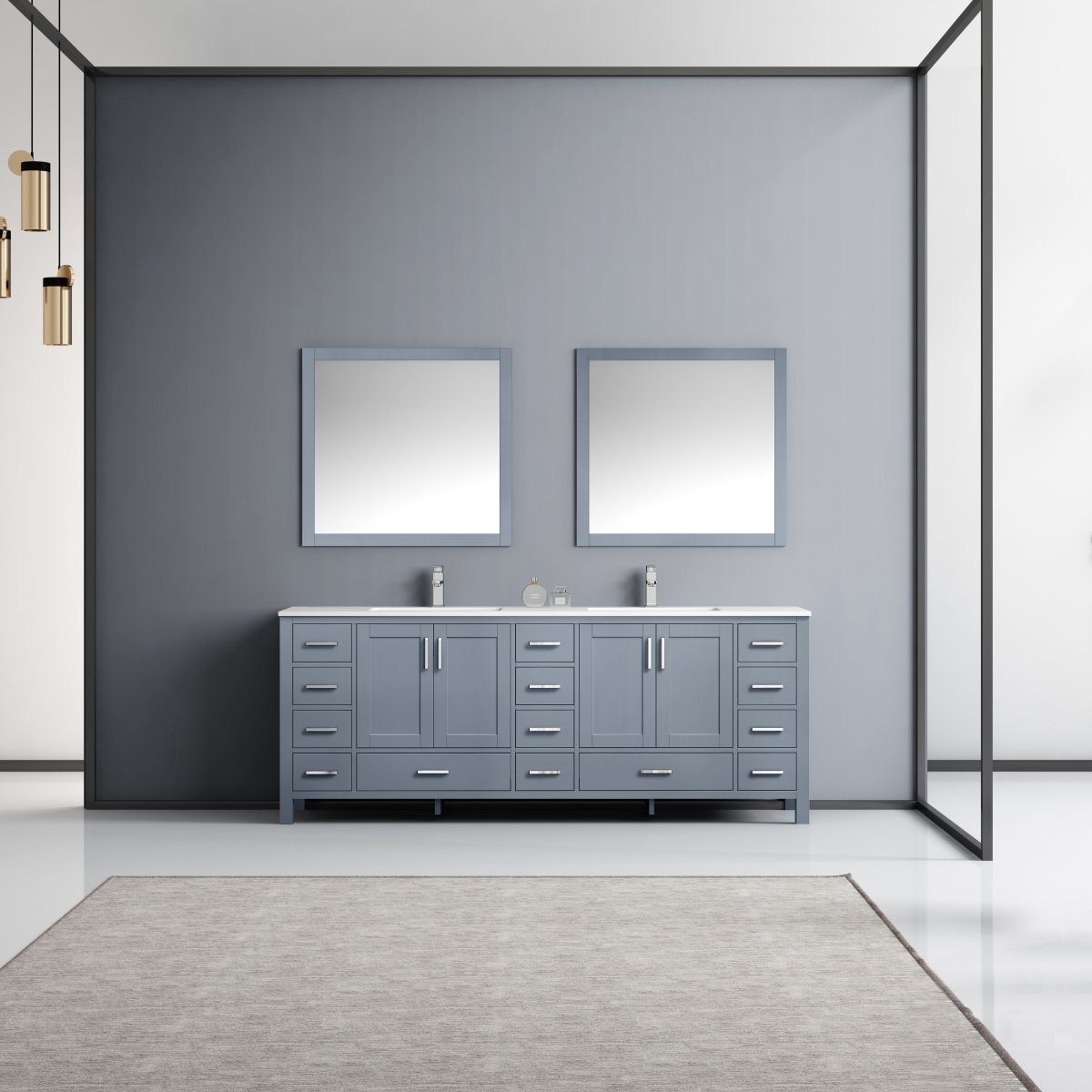 LJ342284DBDSM34F 84 in. Dark Grey Double Bathroom Vanity with White Carrara Marble Top, White Square Sinks & 34 in. Mirrors with Faucets -  Lexora