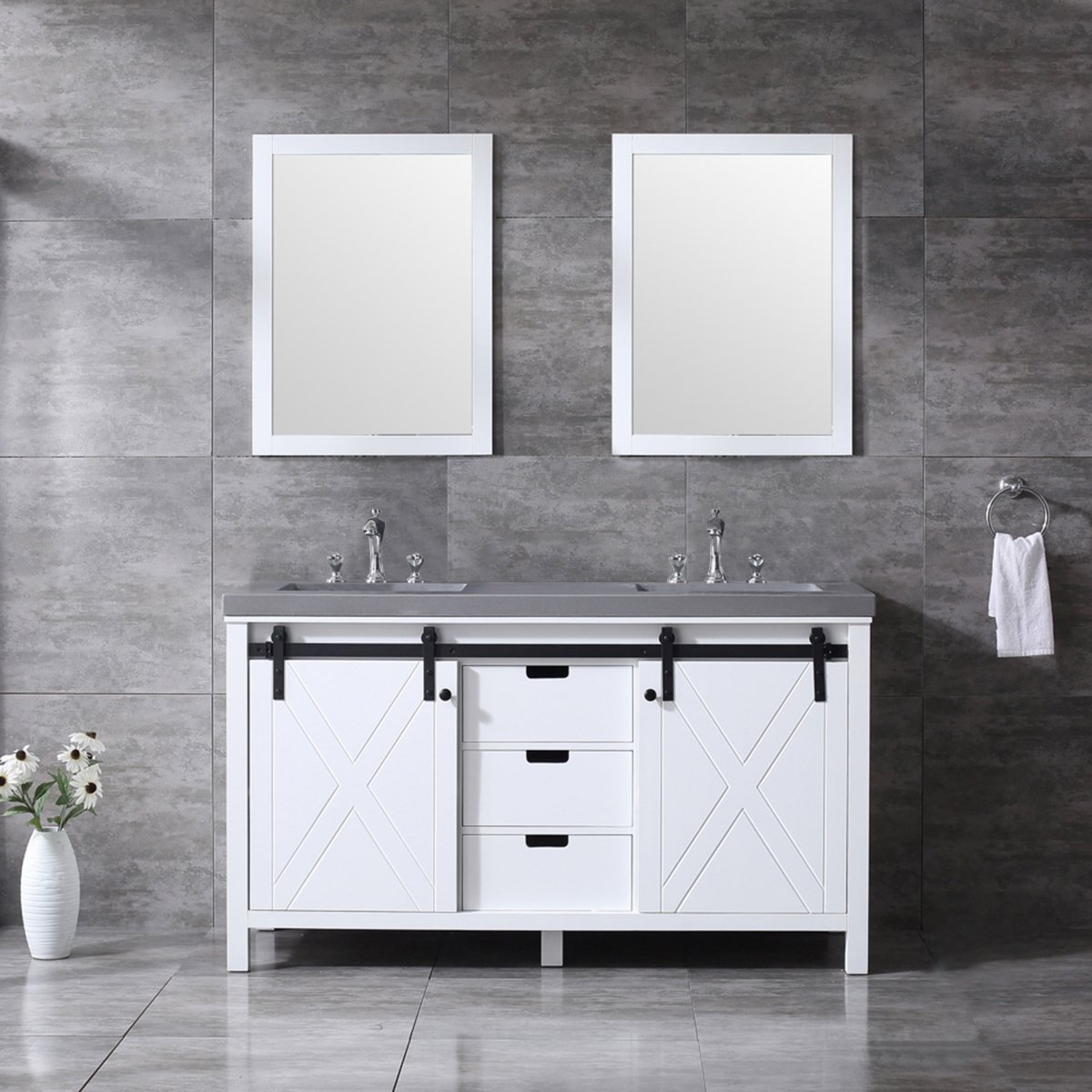 LM342260DAASM24F 60 in. Marsyas Quartz Top Double Vanity - Square Sinks & Mirrors with Faucets, White -  Lexora