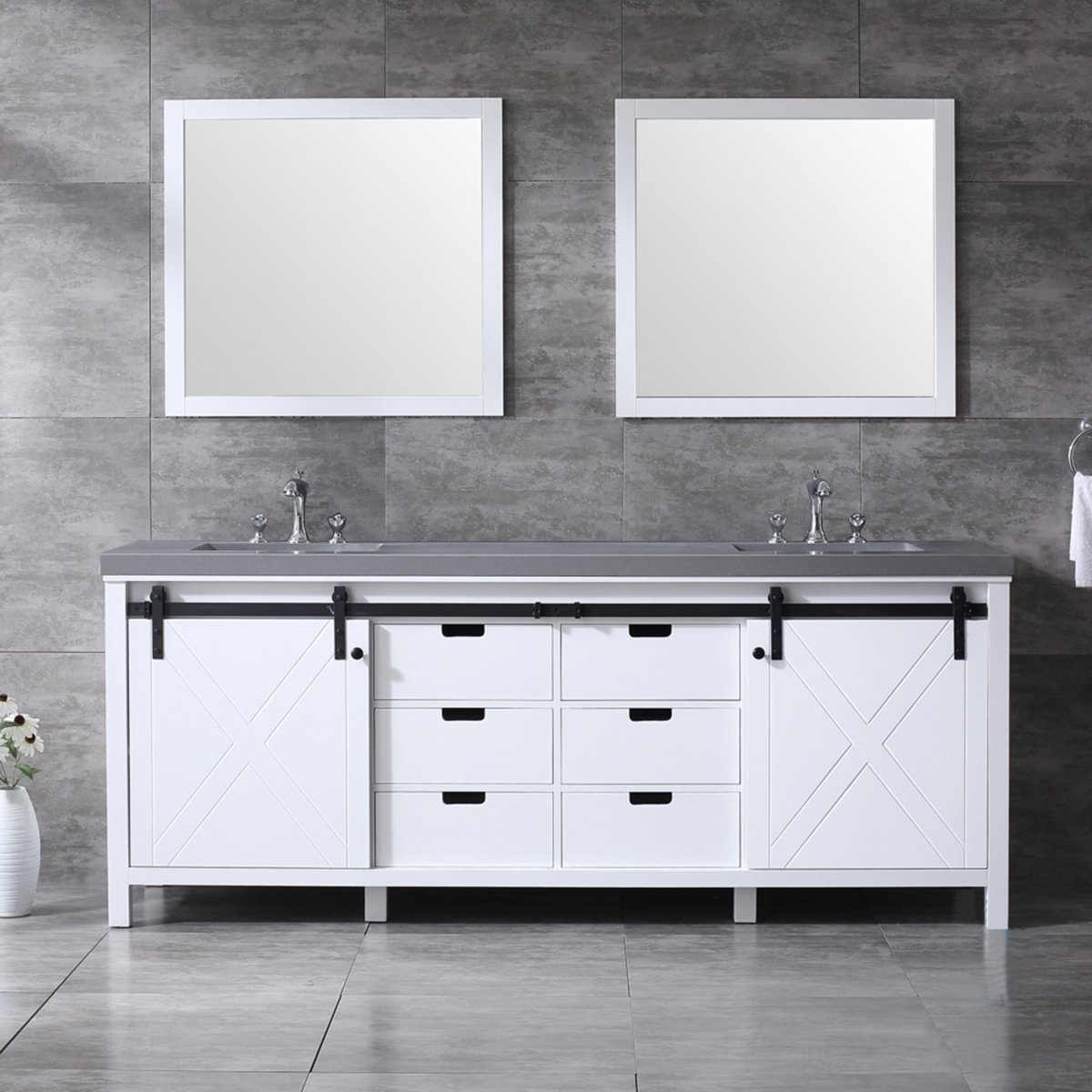 LM342284DAASM34F 84 in. White Double Bathroom Vanity with Grey Quartz Top, White Square Sinks & 34 in. Mirrors with Faucets -  Lexora